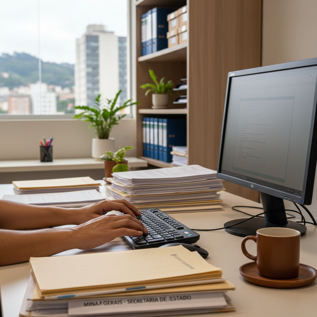 Mão de um funcionário público em Minas Gerais digitando em um computador, com papéis e documentos organizados ao fundo, em um escritório moderno com foco em eficiência e tecnologia, sem textos ou logo