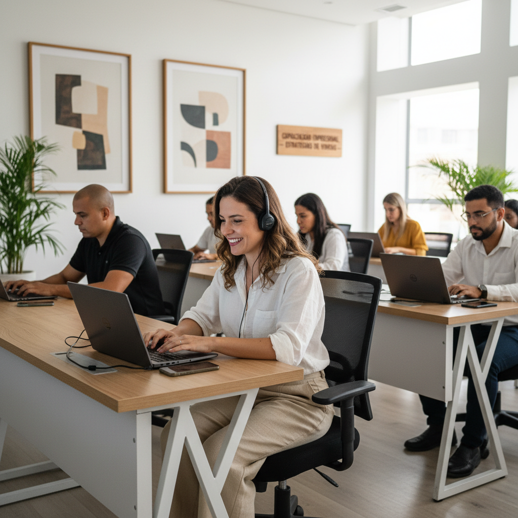 Uma empresária mineira, sorridente e engajada, em um curso de capacitação para pequenos negócios em Belo Horizonte, com a tela do computador exibindo gráficos de vendas. Ao fundo, detalhes de uma sala