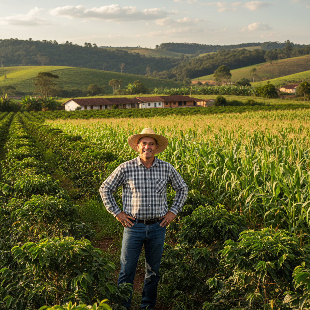 Produtor rural mineiro sorrindo, observando sua lavoura verde e produtiva sob um céu azul, transmitindo otimismo e prosperidade no campo de Minas Gerais.