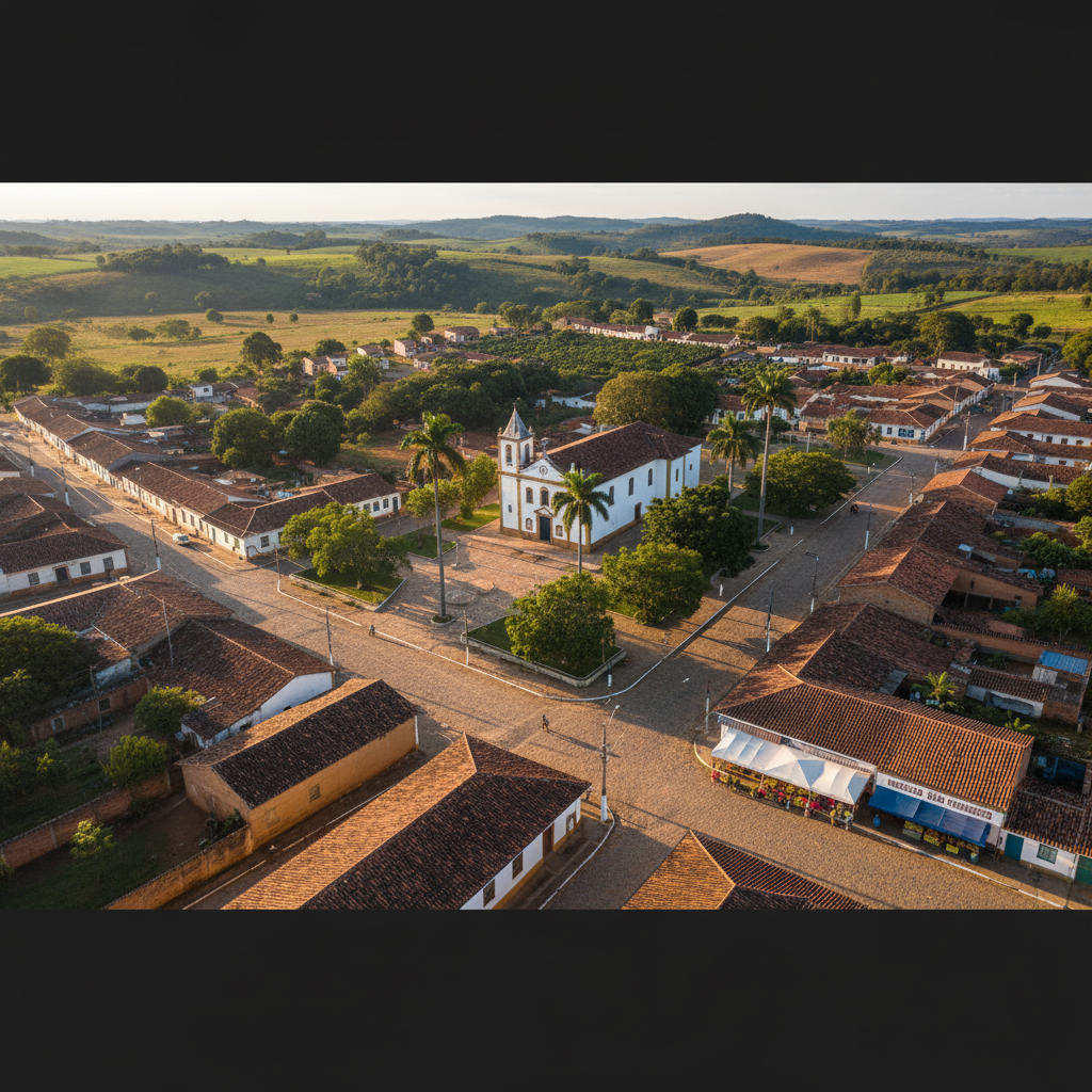 Vista aérea de uma pequena cidade mineira, com casas simples, uma praça central com igreja e vegetação verde abundante, refletindo a tranquilidade e o potencial do interior de Minas Gerais, sob um céu