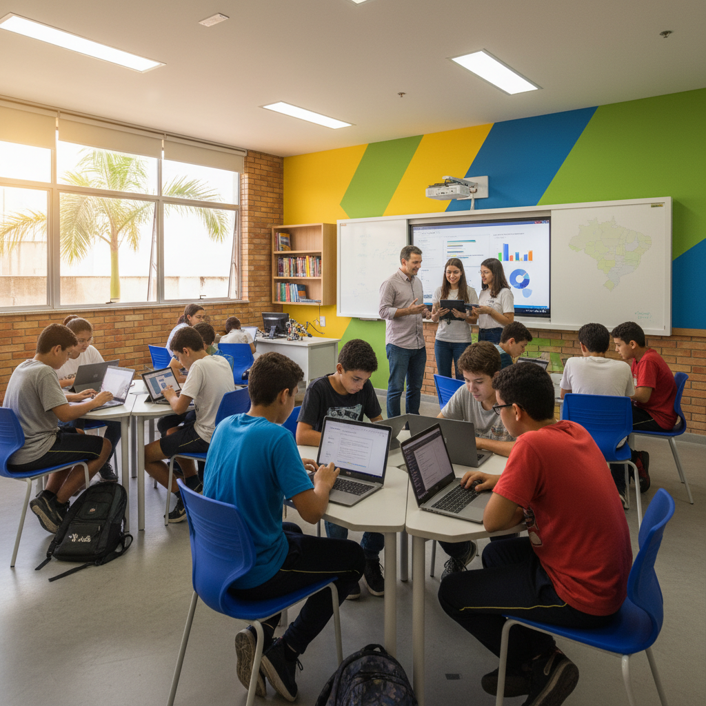 Estudantes em uma sala de aula moderna em uma escola pública de Minas Gerais, com equipamentos tecnológicos e o professor orientando atividades práticas. O ambiente é iluminado e as crianças, brasilei