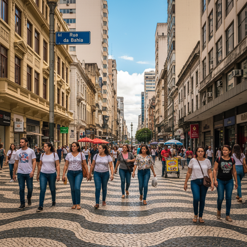 Pessoas brasileiras caminhando em uma rua movimentada de Belo Horizonte, com prédios antigos e modernos ao fundo, refletindo a diversidade e o dinamismo da capital mineira. O céu está claro e o dia é 