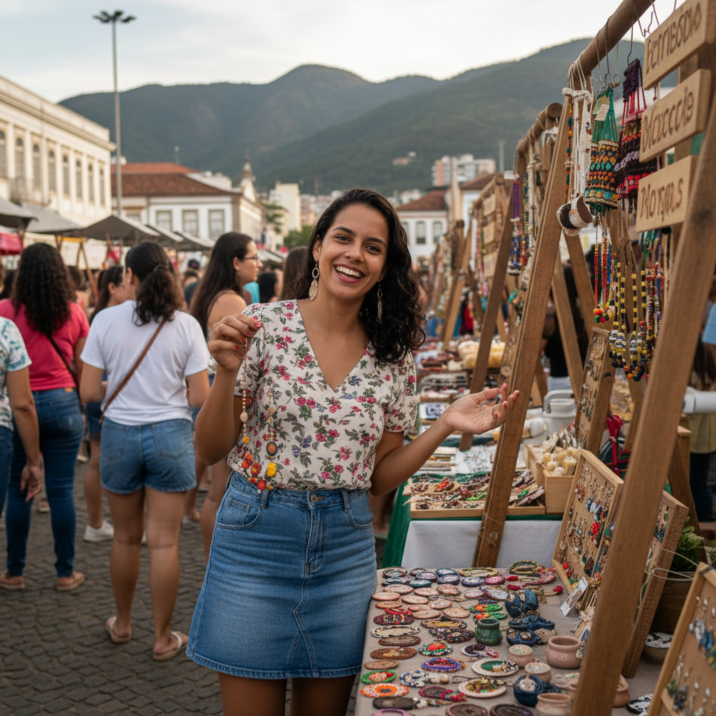 Jovem empreendedora mineira apresenta seu produto artesanal em uma feira de pequenos negócios em Belo Horizonte, Minas Gerais. Ao fundo, pessoas interagindo e construções típicas brasileiras.