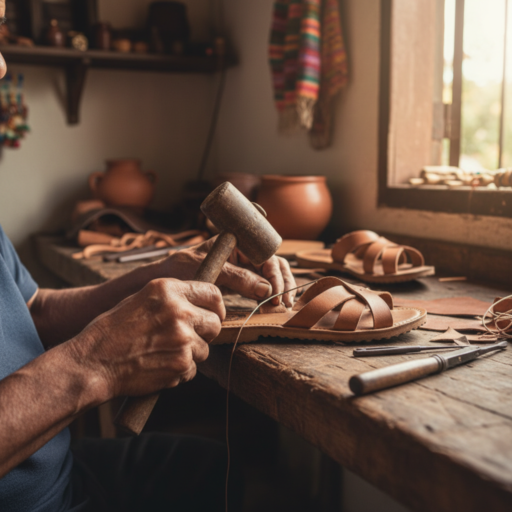 Mãos de uma pessoa mais velha trabalhando com ferramentas artesanais em uma bancada de madeira, simbolizando a experiência no empreendedorismo em Minas Gerais.