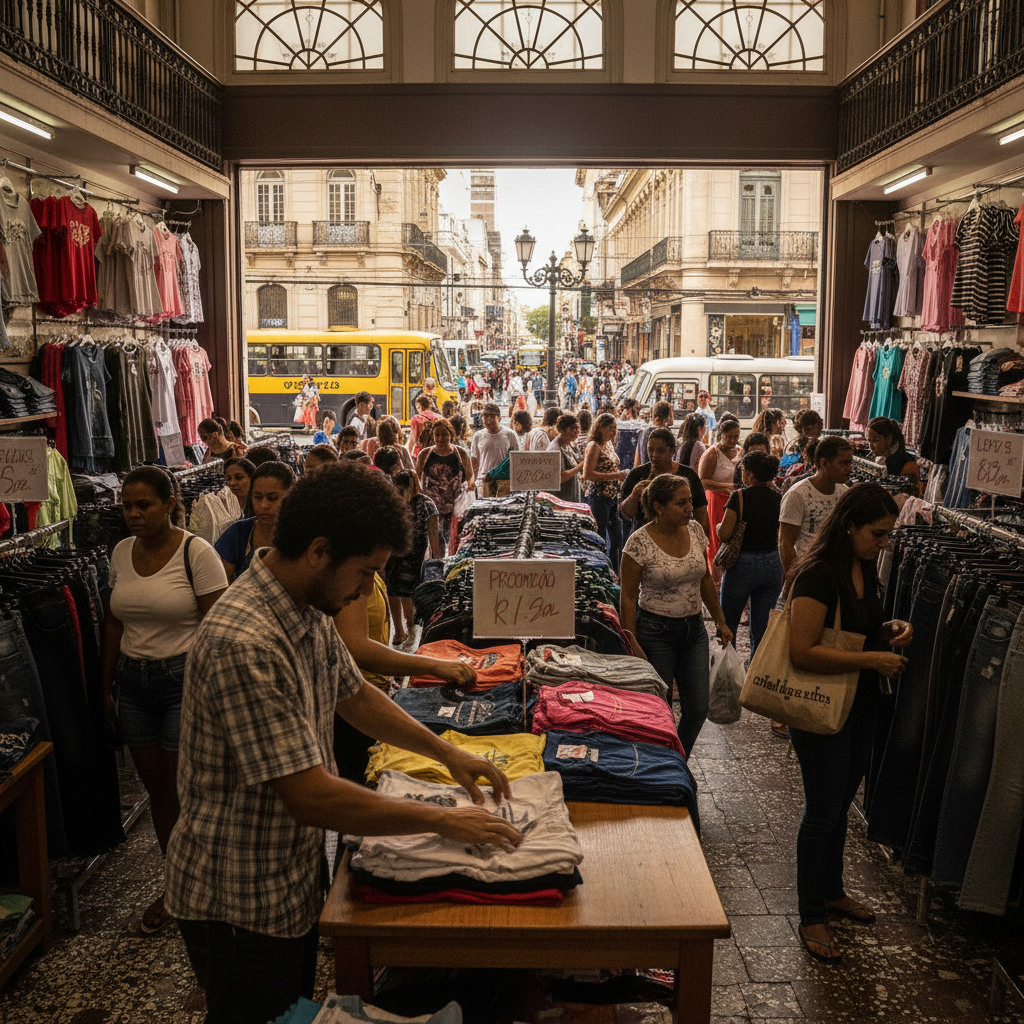 Trabalhador brasileiro em comércio de varejo em Belo Horizonte, Minas Gerais, ajustando produtos em prateleira durante jornada de trabalho, ambiente de loja com clientes ao fundo