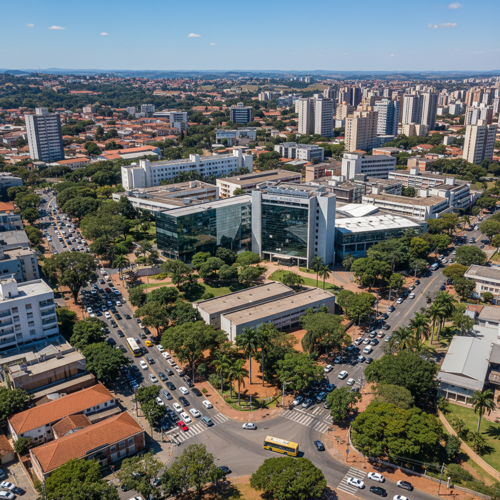 Vista aérea da cidade de Belo Horizonte, Minas Gerais, com prédios universitários e áreas verdes em primeiro plano, simbolizando a integração entre a academia e o desenvolvimento urbano.