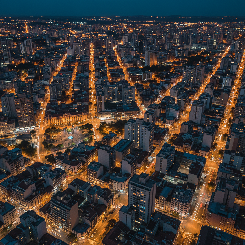Vista aérea noturna da região central de Belo Horizonte, Minas Gerais, com as luzes da cidade iluminando prédios e ruas, simbolizando a necessidade de segurança e inteligência na metrópole mineira.
