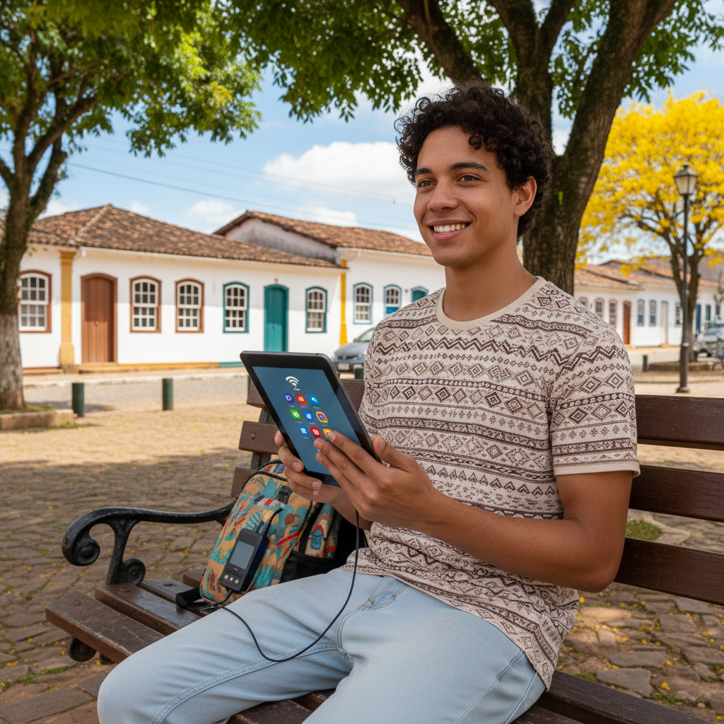 Um jovem mineiro sorrindo enquanto usa um tablet conectado à internet em uma pequena praça de uma cidade do interior de Minas Gerais, com casas simples ao fundo e árvores típicas da região.