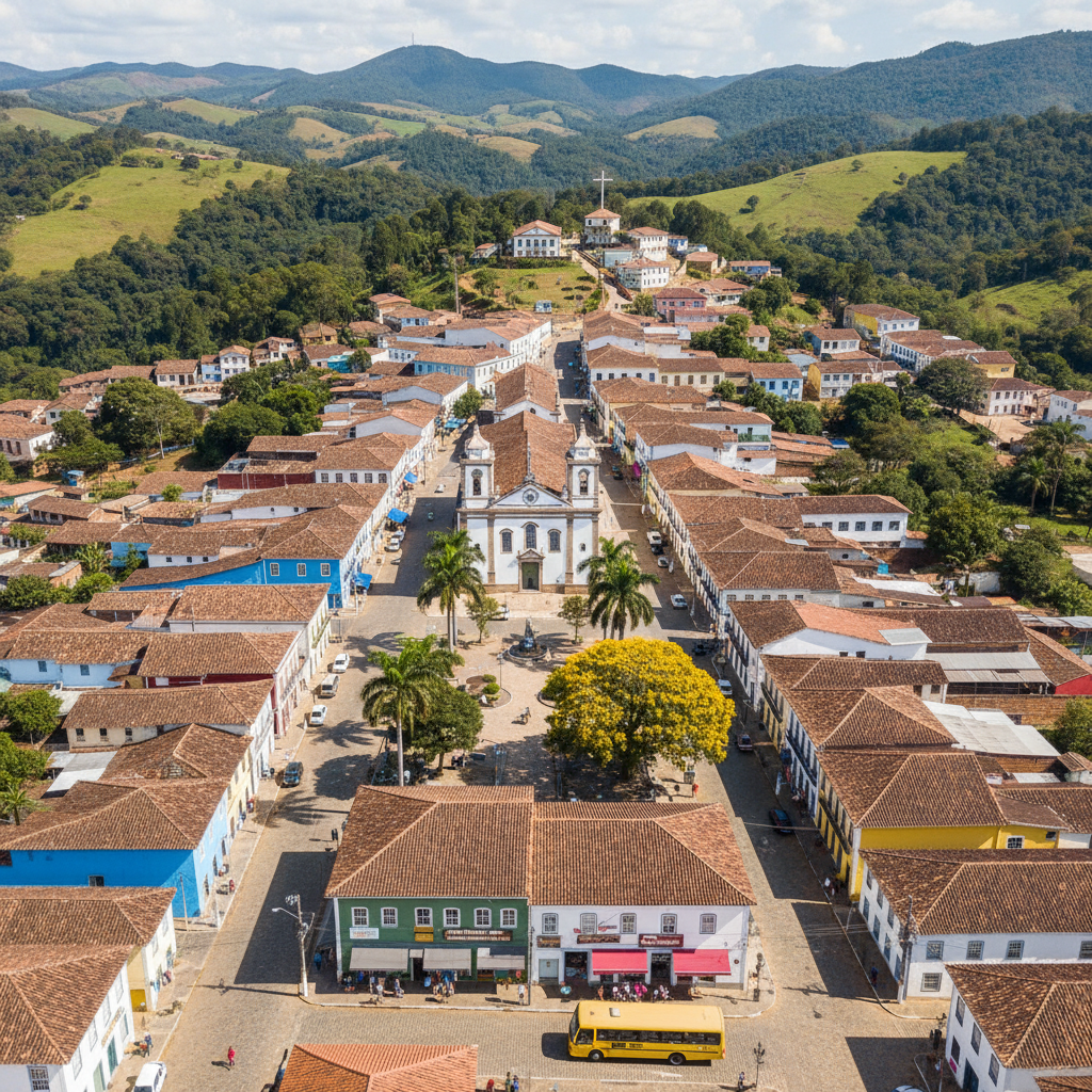 Vista aérea de uma pequena cidade mineira cercada por montanhas verdes, com casas coloridas e uma igreja central, mostrando a beleza e a diversidade do interior de Minas Gerais, sob um céu azul e enso