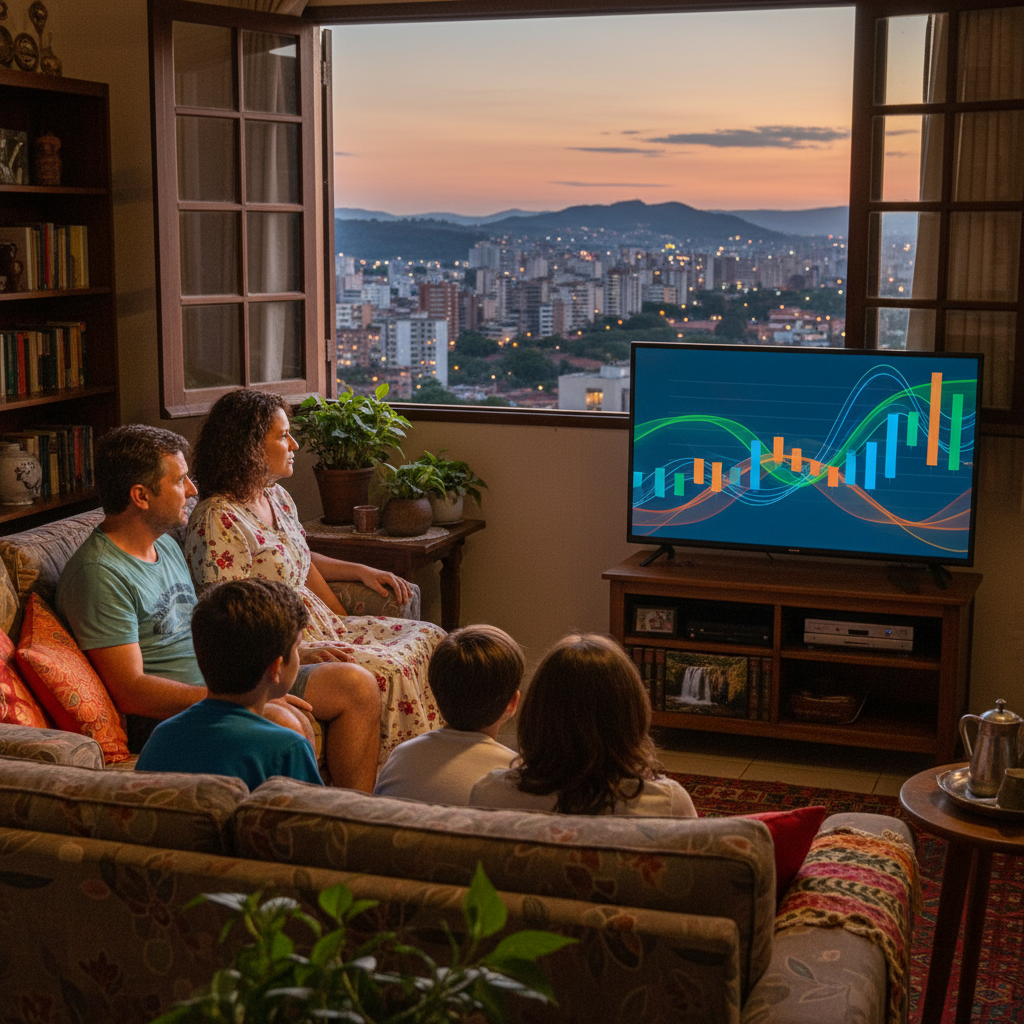 Brasileiros assistindo à televisão em uma sala de estar simples, com a janela mostrando uma vista de Belo Horizonte, o horizonte da cidade ao fundo. A televisão exibe um gráfico genérico de notícias, 