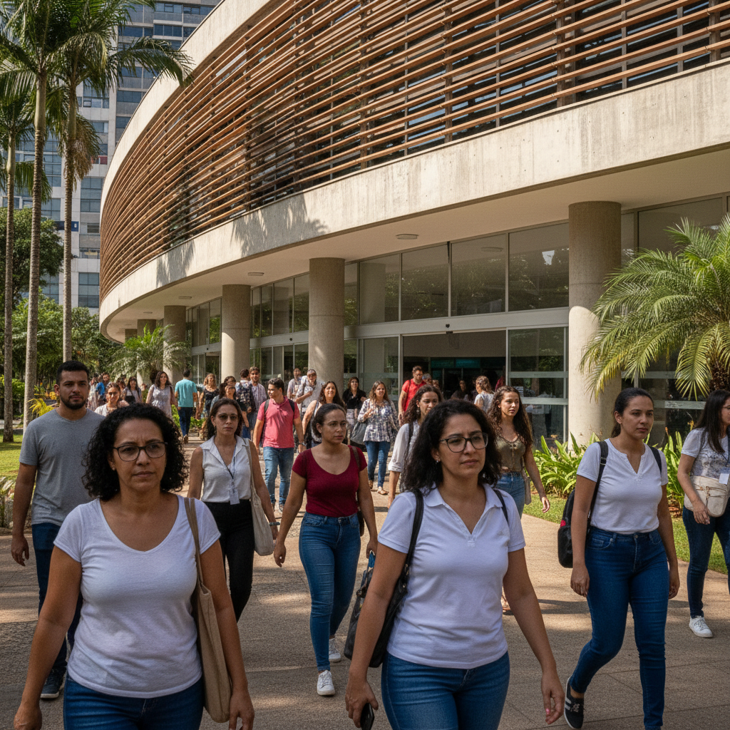 Uma imagem mostrando um prédio público moderno em Belo Horizonte, com pessoas brasileiras entrando e saindo, simbolizando o fluxo de serviços e a interação com o cidadão, sob um céu azul claro.
