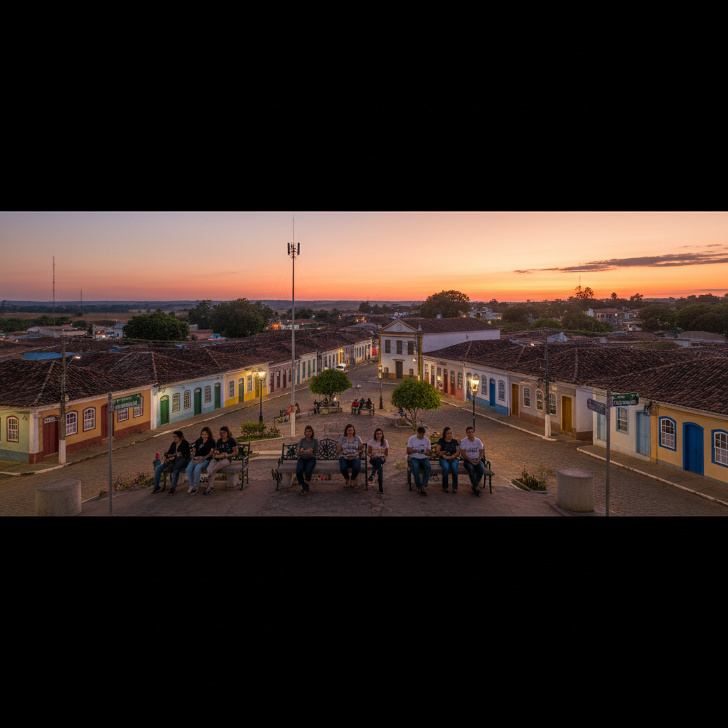 Vista aérea de uma pequena cidade mineira com antenas de internet e algumas pessoas usando smartphones em uma praça, representando a inclusão digital e a conexão em Minas Gerais.