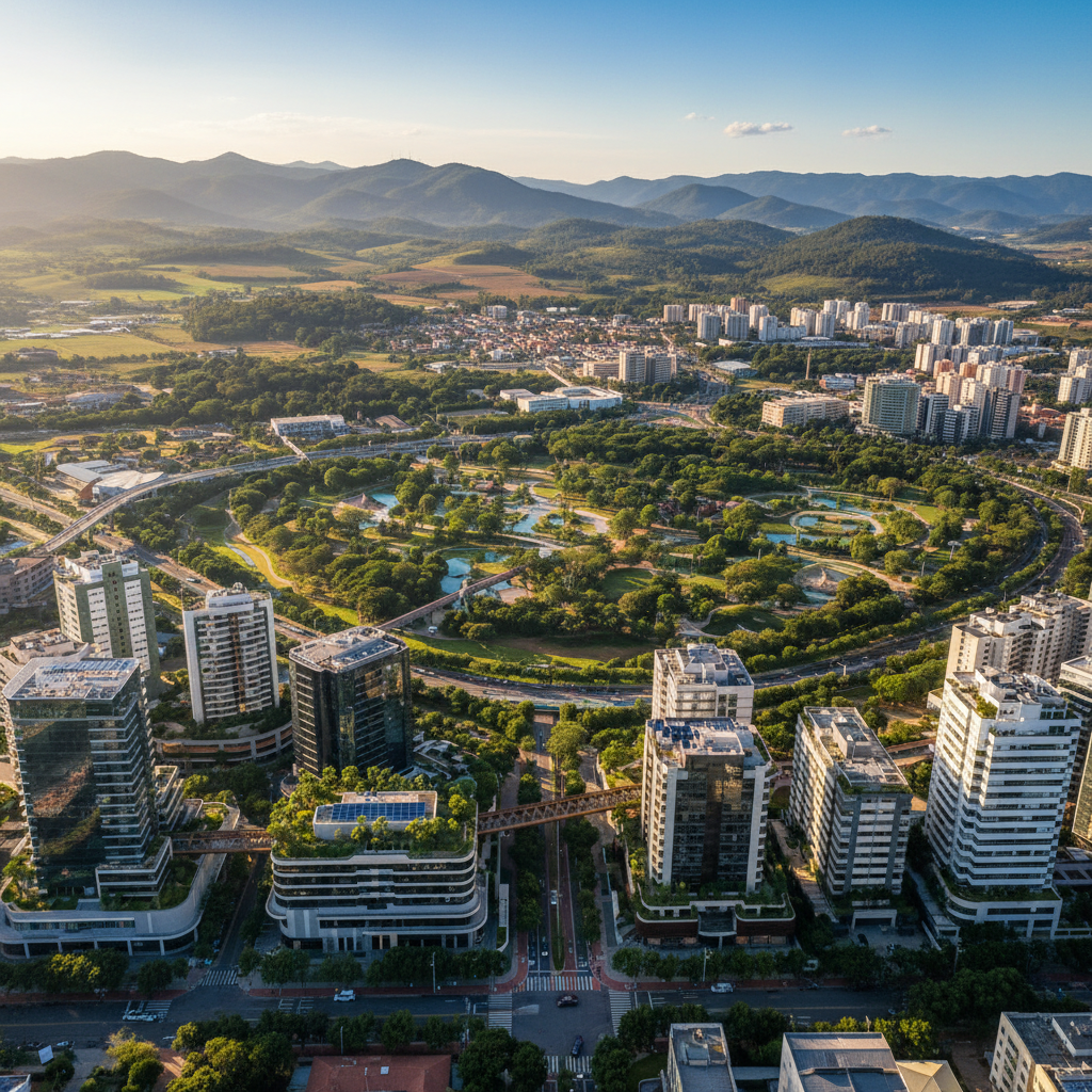 Vista aérea panorâmica de uma área urbana em Minas Gerais, com prédios modernos e áreas verdes, simbolizando a fusão entre desenvolvimento tecnológico e a riqueza natural do estado. O céu é azul claro