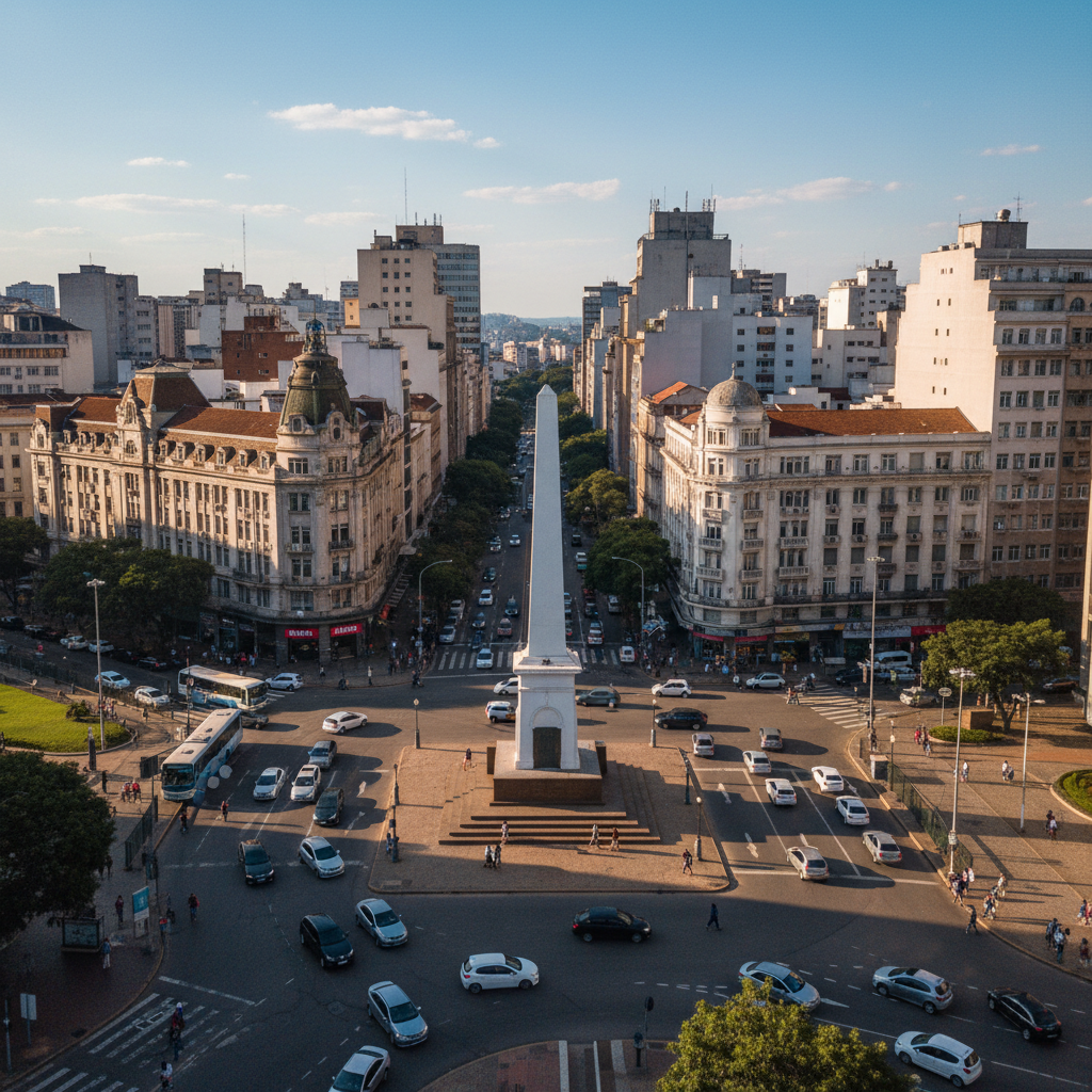 Vista aérea da Praça Sete em Belo Horizonte, Minas Gerais, com o Obelisco e movimento de pessoas e veículos ao redor, em um dia ensolarado. A cena é vibrante e reflete o cotidiano da capital mineira.