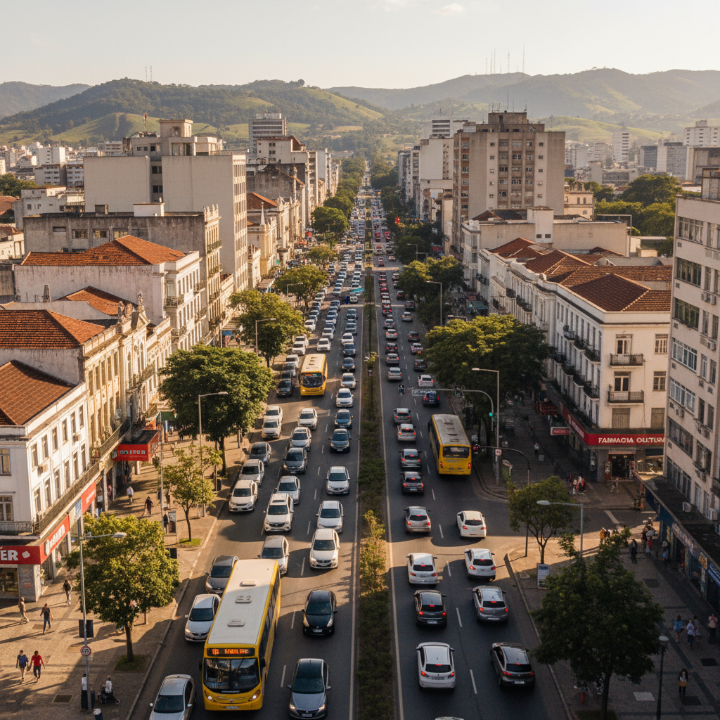 Vista aérea da Avenida Afonso Pena em Belo Horizonte, Minas Gerais, com tráfego de veículos e pessoas caminhando na calçada em um dia ensolarado, representando a complexidade da mobilidade urbana na c