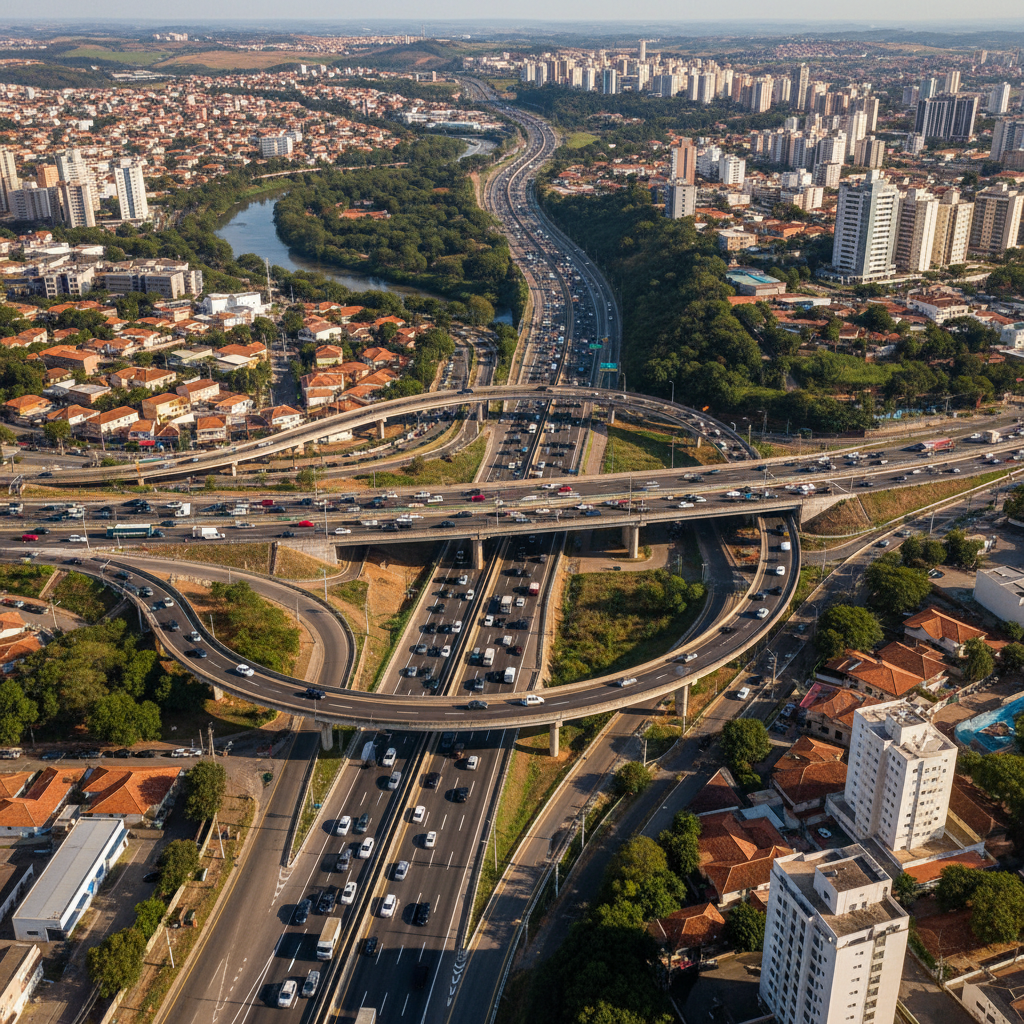 Vista aérea do Novo Anel de Belo Horizonte, Minas Gerais, movimentado com tráfego de veículos, mostrando a infraestrutura viária urbana da capital mineira em pleno funcionamento durante o dia
