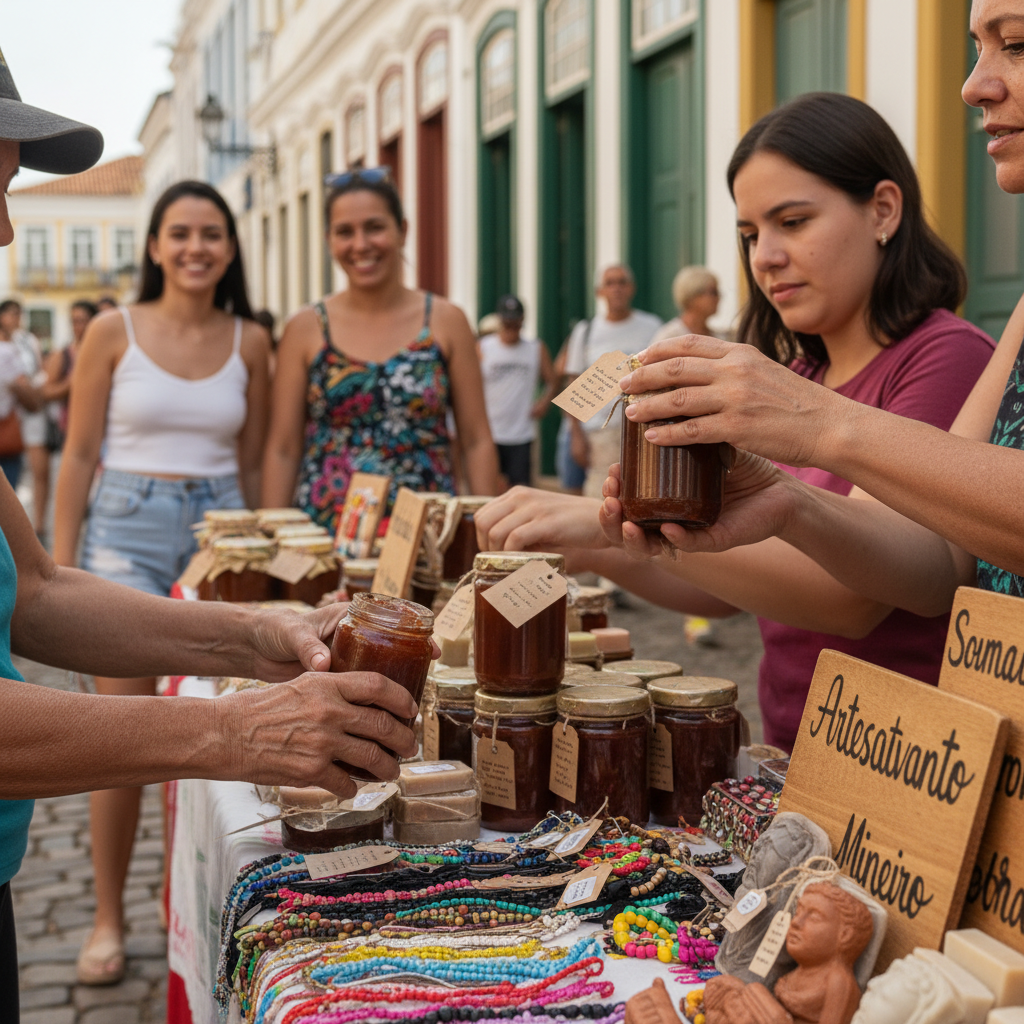 Mãos brasileiras de diferentes gerações trabalhando juntas para montar um pequeno negócio em uma feira de rua em Minas Gerais, com produtos artesanais e sorriso no rosto. Sem texto na imagem.