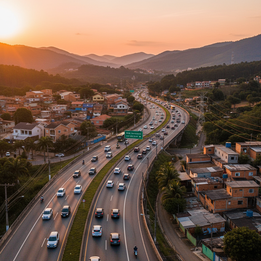 Vista panorâmica de uma cidade mineira ao entardecer, com casas e prédios modestos se estendendo até o horizonte, e uma rodovia movimentada no primeiro plano, simbolizando a conexão entre o interior e