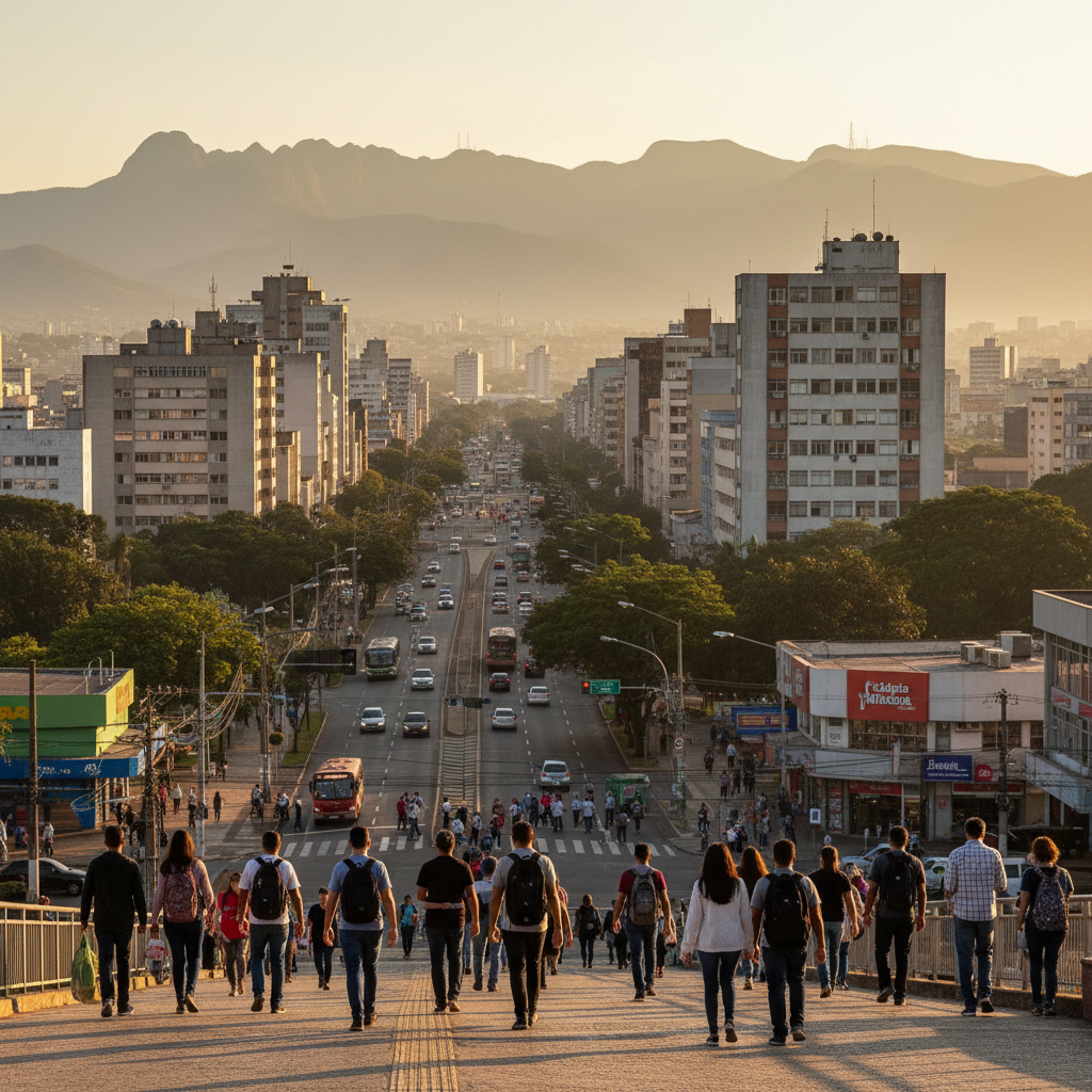 Cena panorâmica de Belo Horizonte, Minas Gerais, ao amanhecer, mostrando uma mescla de edifícios modernos e áreas verdes, com pessoas caminhando apressadamente para o trabalho. A cidade exibe a vitali