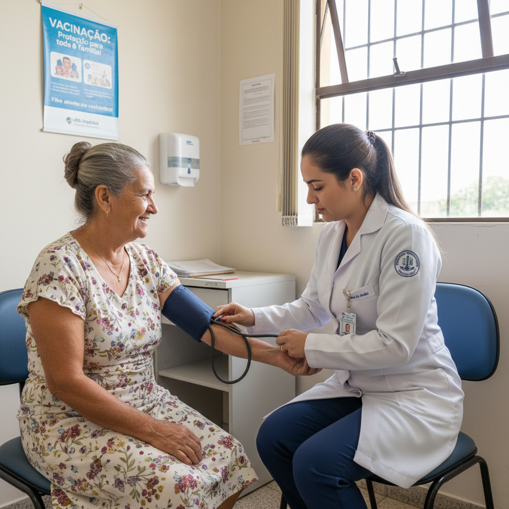 Mão de um profissional de saúde brasileiro verificando a pressão arterial de uma idosa em uma unidade básica de saúde em Minas Gerais, com foco no cuidado humanizado e na acessibilidade. A cena mostra