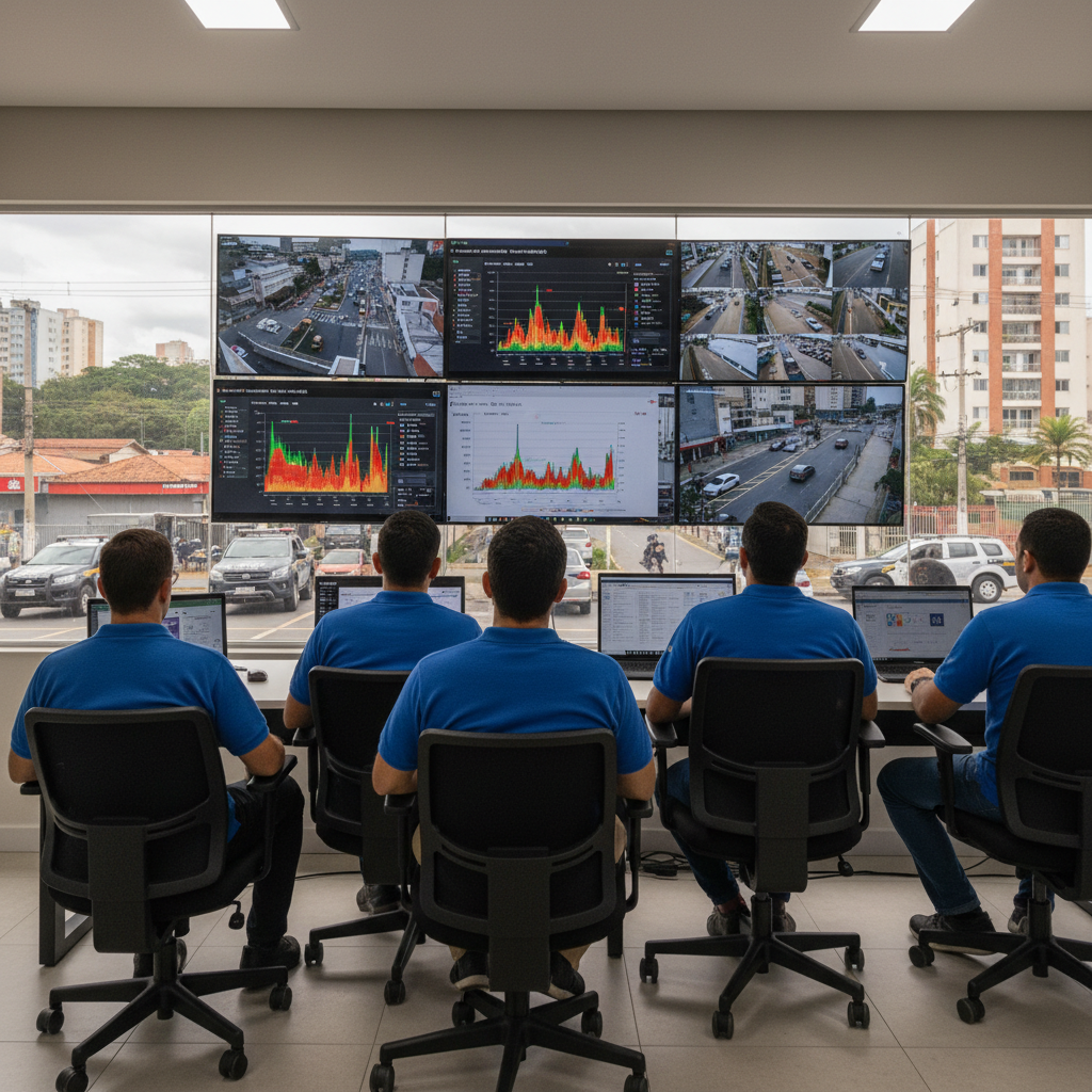 Imagem mostrando um painel de monitoramento urbano com dados e gráficos em telas de computador, e ao fundo, a cidade de Belo Horizonte em Minas Gerais, com viaturas da polícia no plano médio. Tudo em 