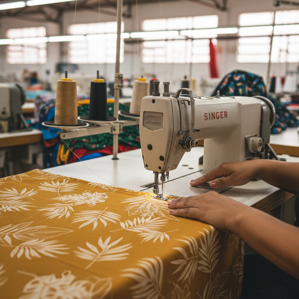 Mãos de uma mulher brasileira em uma fábrica de costura em Minas Gerais, costurando uma peça de roupa, com máquinas e tecidos ao fundo. Foco nos detalhes da costura e na dedicação do trabalho manual.