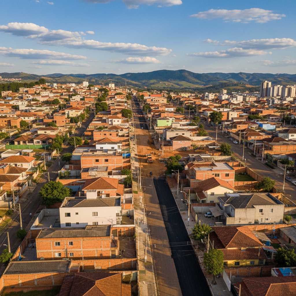 Vista aérea de um bairro residencial em Belo Horizonte, Minas Gerais, com casas, ruas e árvores, representando a urbanização de Venda Nova.
