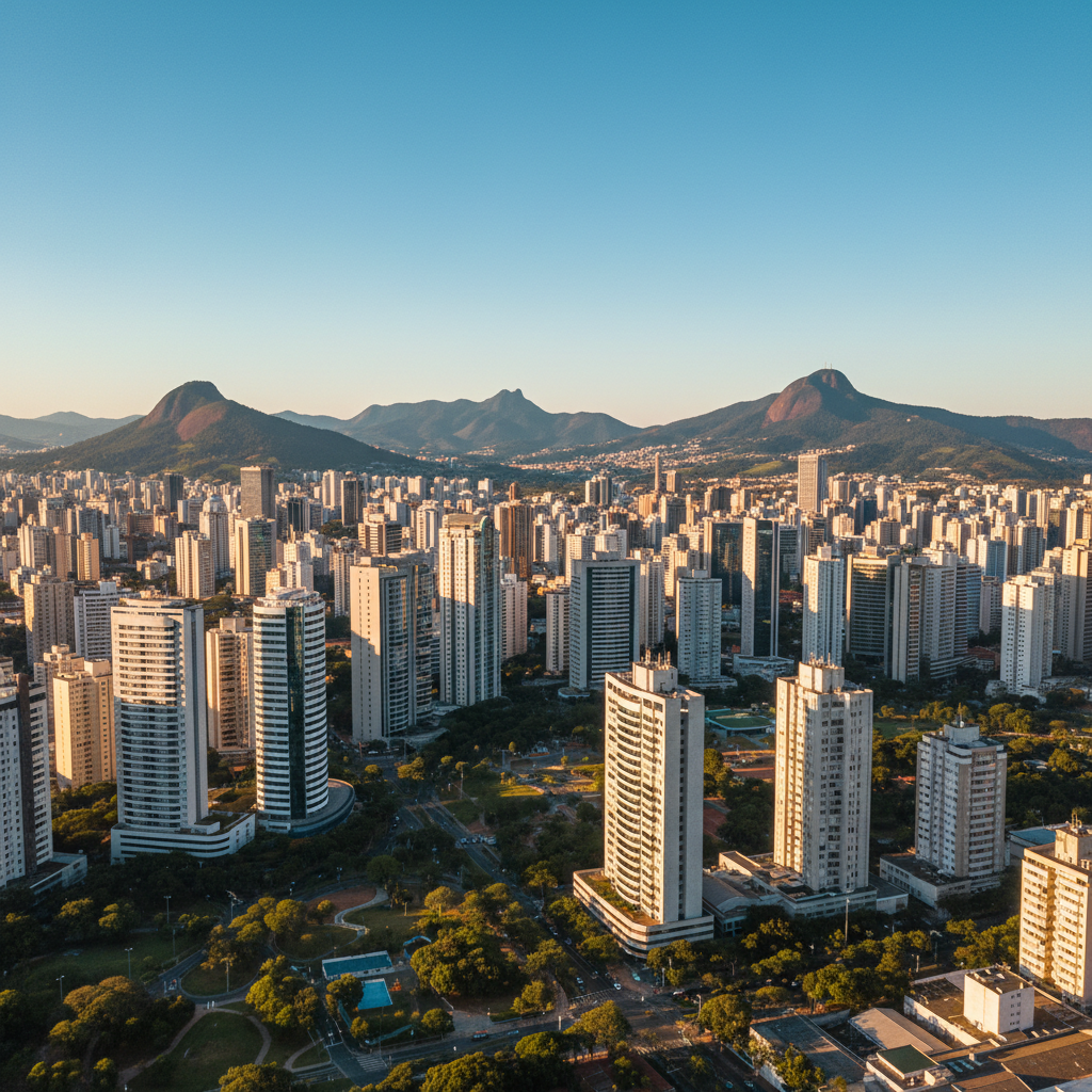 Vista aérea panorâmica de Belo Horizonte, Minas Gerais, com seus edifícios modernos e montanhas ao fundo sob um céu azul claro, simbolizando a pujança e a beleza do estado que busca a pacificação polí