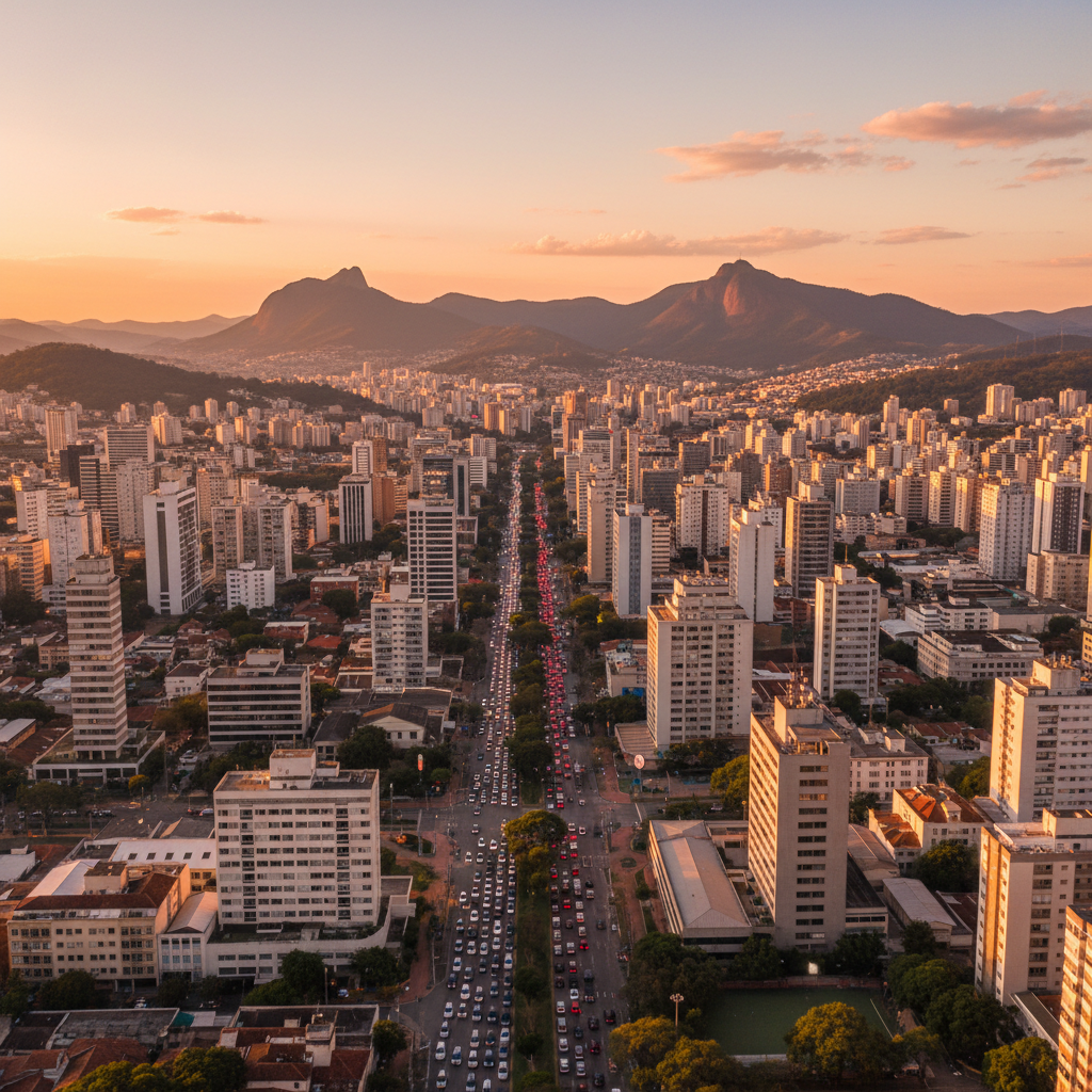 Vista panorâmica de Belo Horizonte, Minas Gerais, com seus arranha-céus e o horizonte das montanhas ao fundo, sob um céu claro de final de tarde, com trânsito em movimento nas avenidas, mostrando a vi